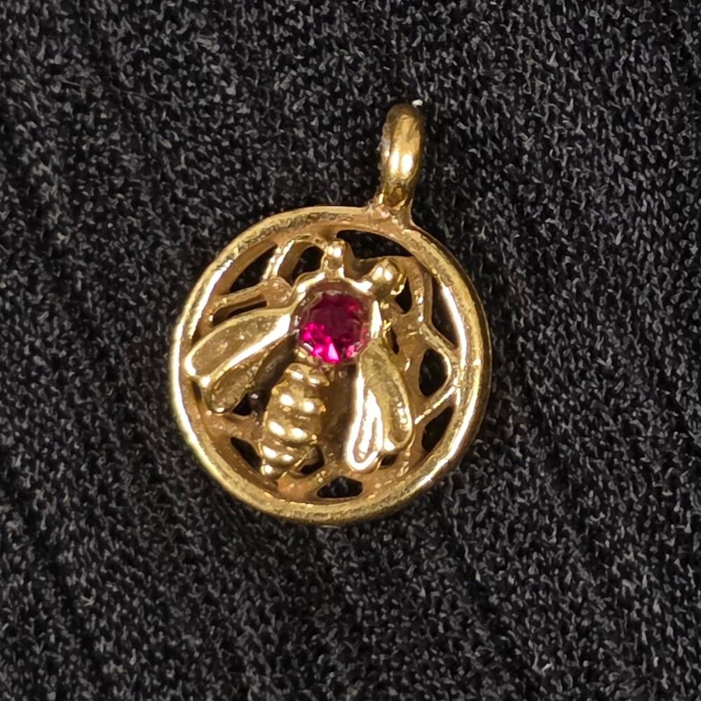 Vintage Goldette Bee Pendant Charm Gold Tone Red Rhinestone Signed